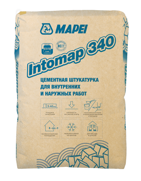INTOMAP 340, TM MAPEI, (25кг), (Россия), Смесь сухая штукатурная тяжёлая для внутренних и наружных работ класс КП IV F 150 для механизированного и ручного нанесения