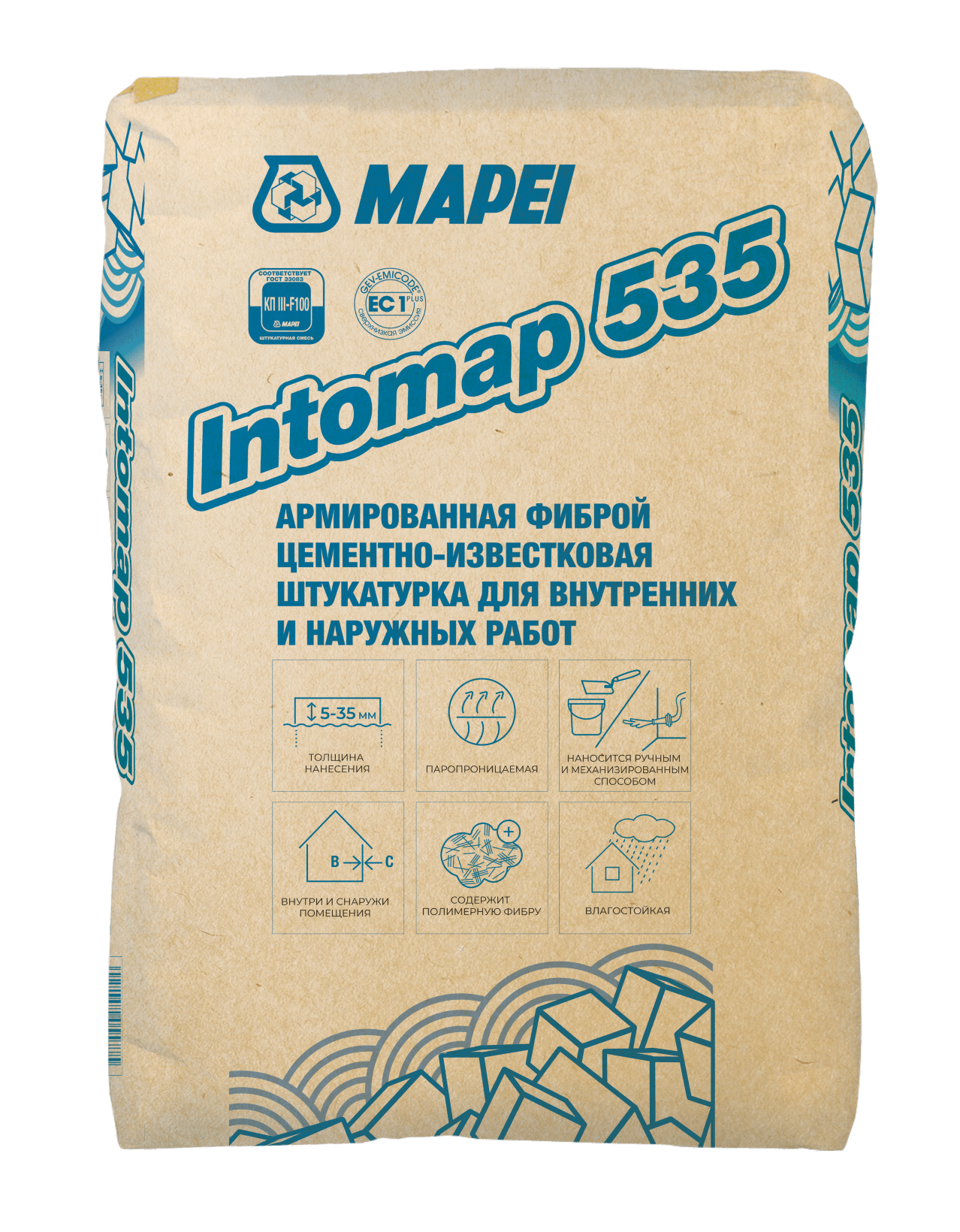 INTOMAP 535, TM MAPEI, (25кг), (Россия), Смесь сухая штукатурная тяжёлая для внутренних и наружных работ класс КП III F 100 для механизированного и ручного нанесения
